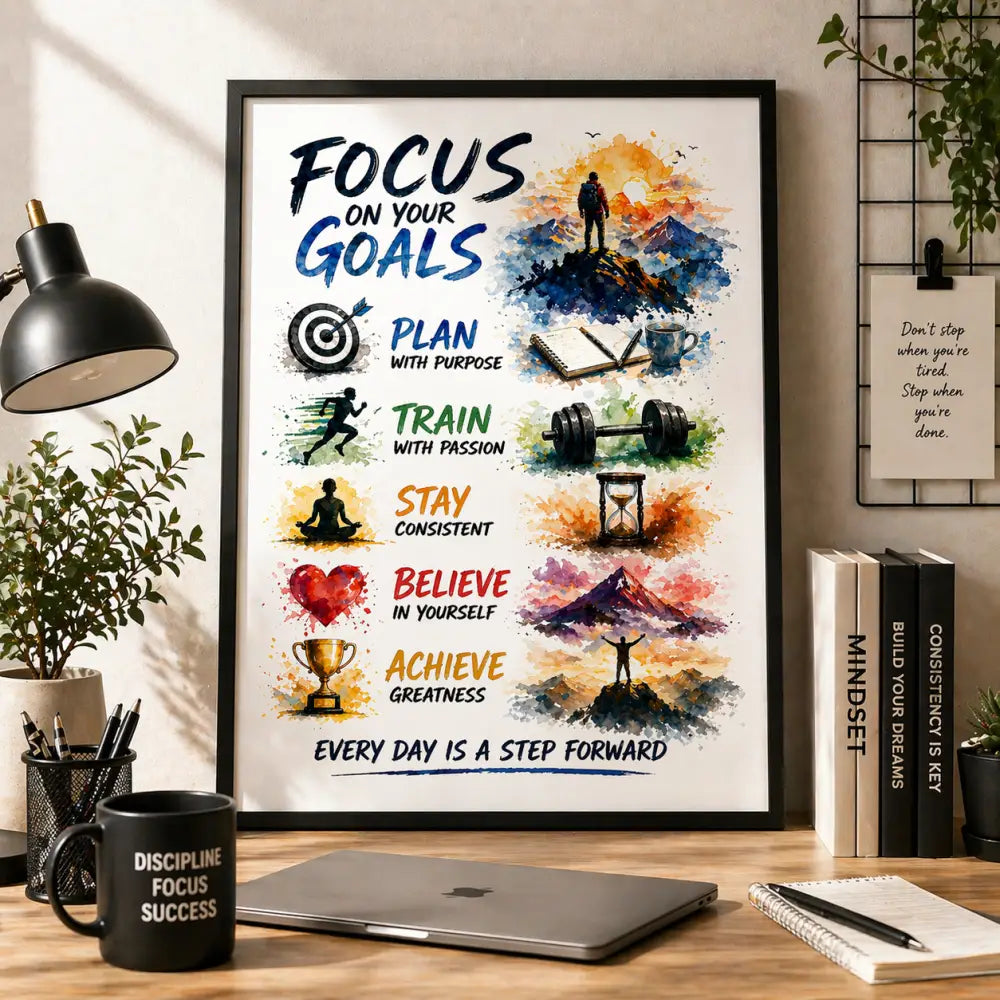 Affiche motivation à imprimer avec illustration aquarelle et texte focus on your goals pour décoration murale inspirante