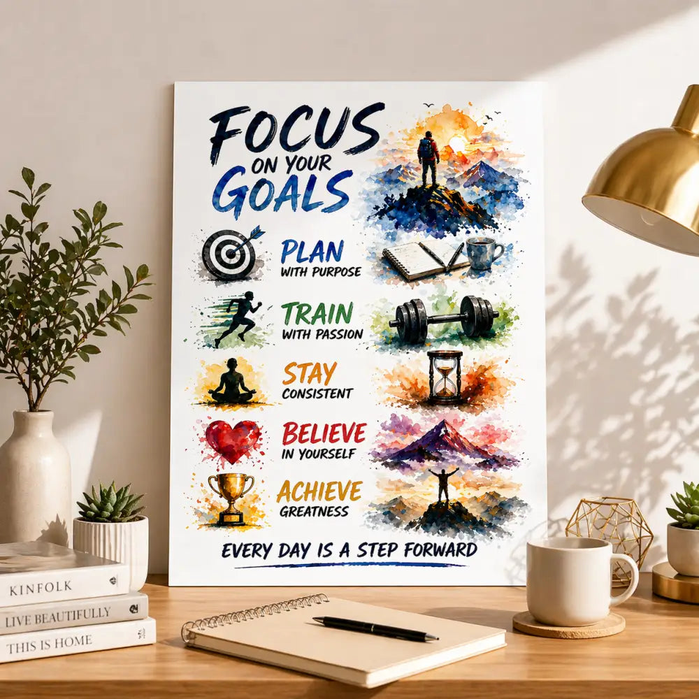 Affiche motivation à imprimer avec illustrations aquarelle bleues et texte focus on your goals pour décoration murale inspirante