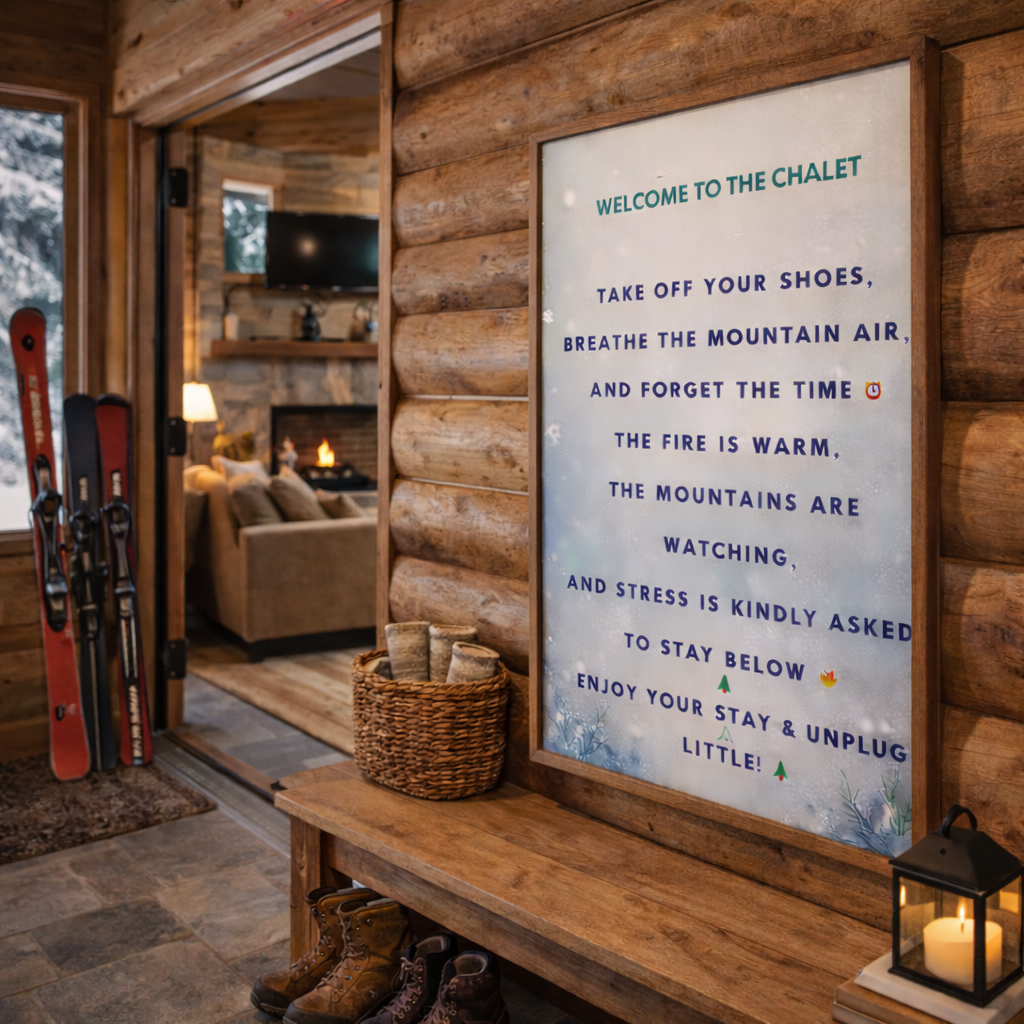 Mountain chalet printable poster with relaxing winter home quote