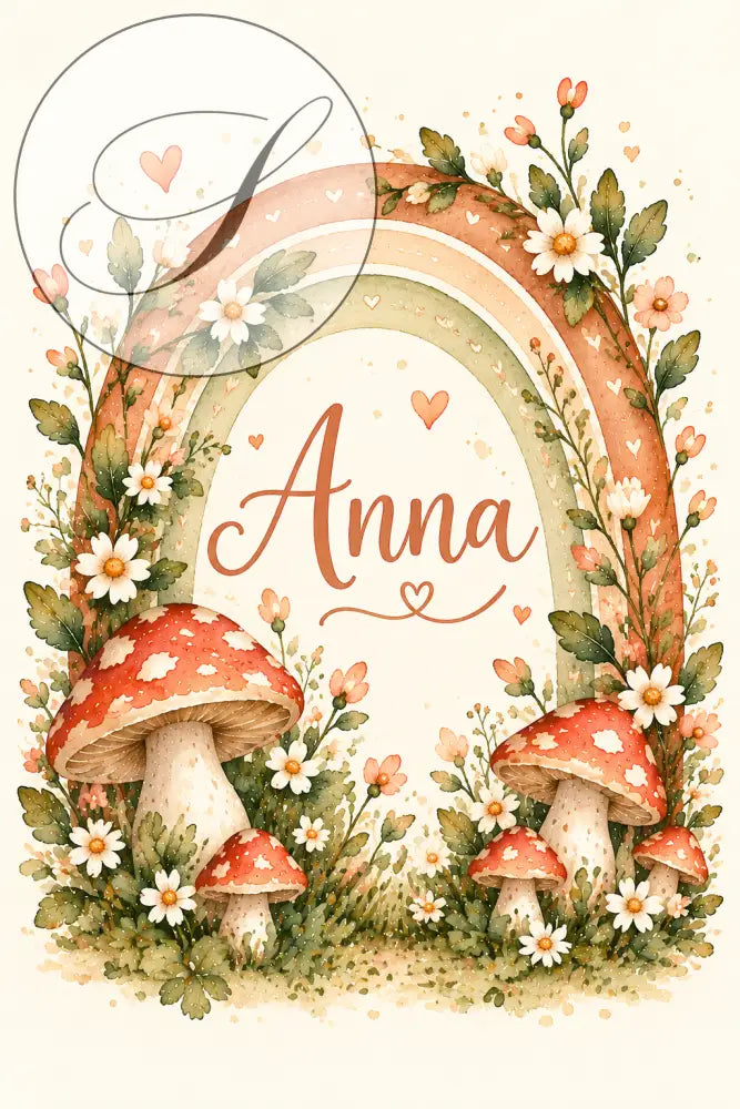 Cadeau naissance : affiche prénom bébé sous un arc-en-ciel fleuri entouré de champignons, tons rose corail et vert