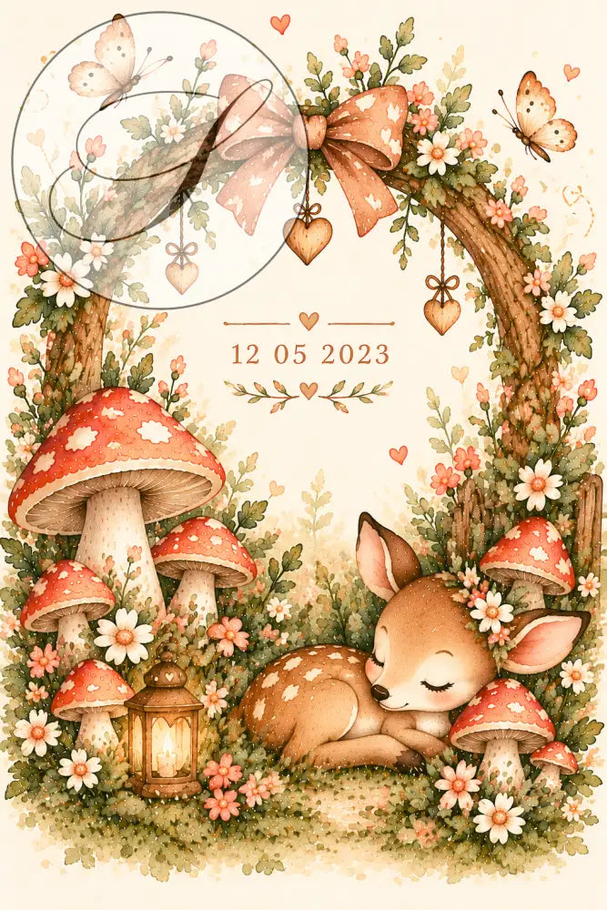 Cadeau naissance personnalisé : affiche date de naissance dans une arche fleurie avec nœud rose, faon et lanterne