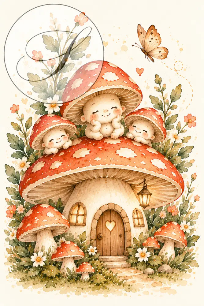 Cadeau naissance : affiche maison champignon de la forêt enchantée avec ses petits habitants endormis