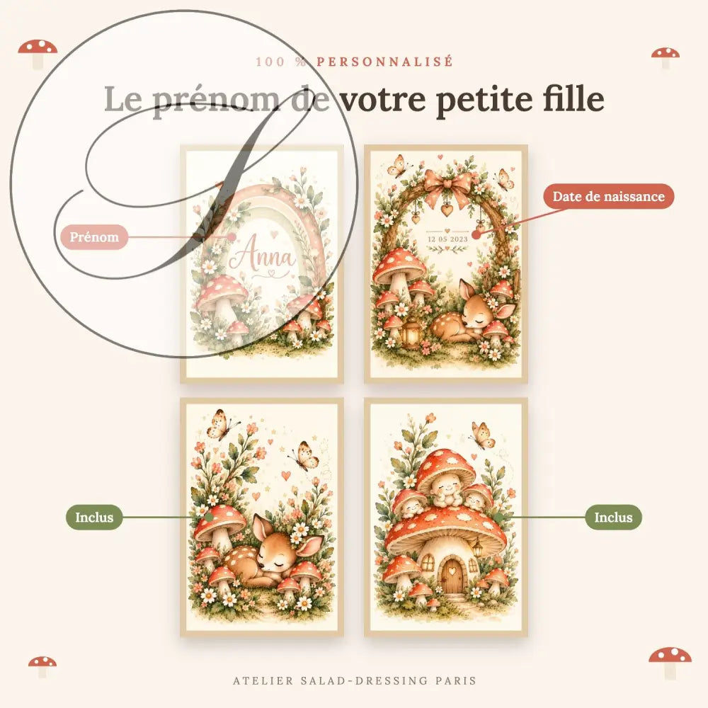 Cadeau naissance fille personnalisé : prénom et date de naissance sur les 4 affiches forêt enchantée faon et champignons