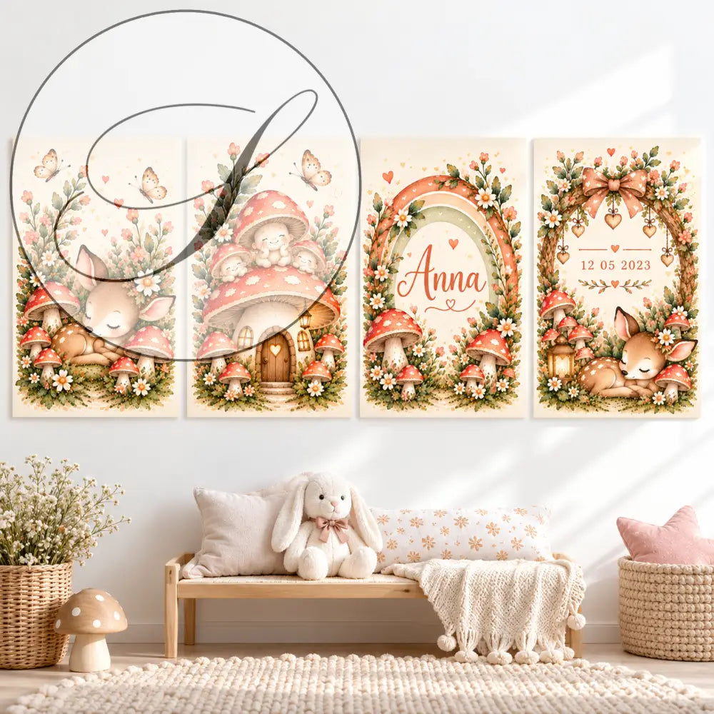 Cadeau naissance personnalisé : mur de 4 affiches faon, champignons, arc-en-ciel et prénom, décoration chambre fille