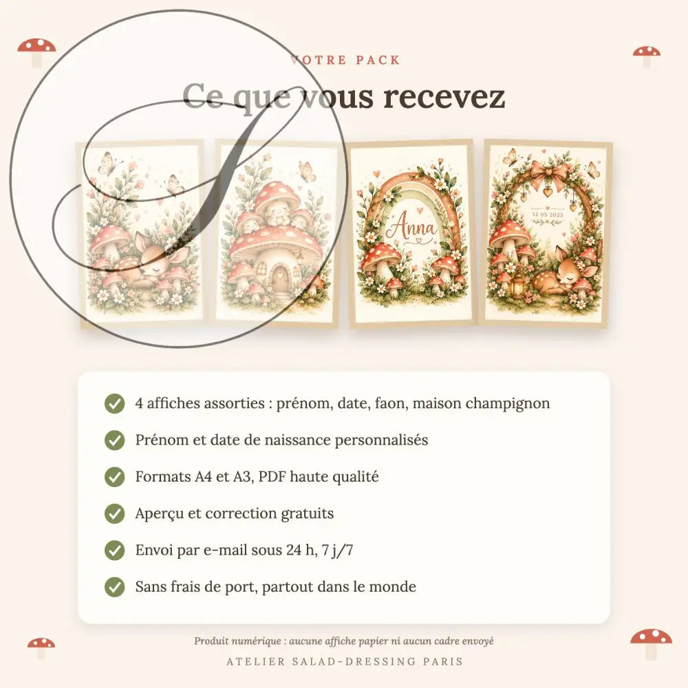 Cadeau naissance fille : ce que vous recevez, 4 affiches forêt enchantée personnalisées en A4 et A3 sous 24 h