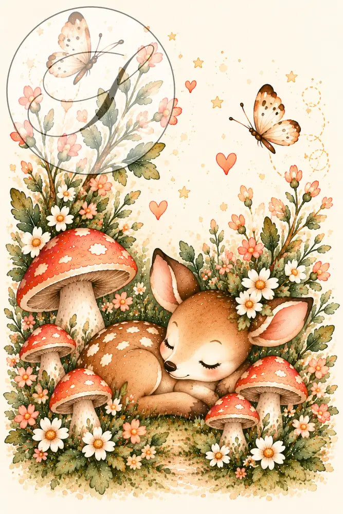 Cadeau naissance : affiche faon endormi parmi les champignons et les fleurs, style aquarelle forêt enchantée