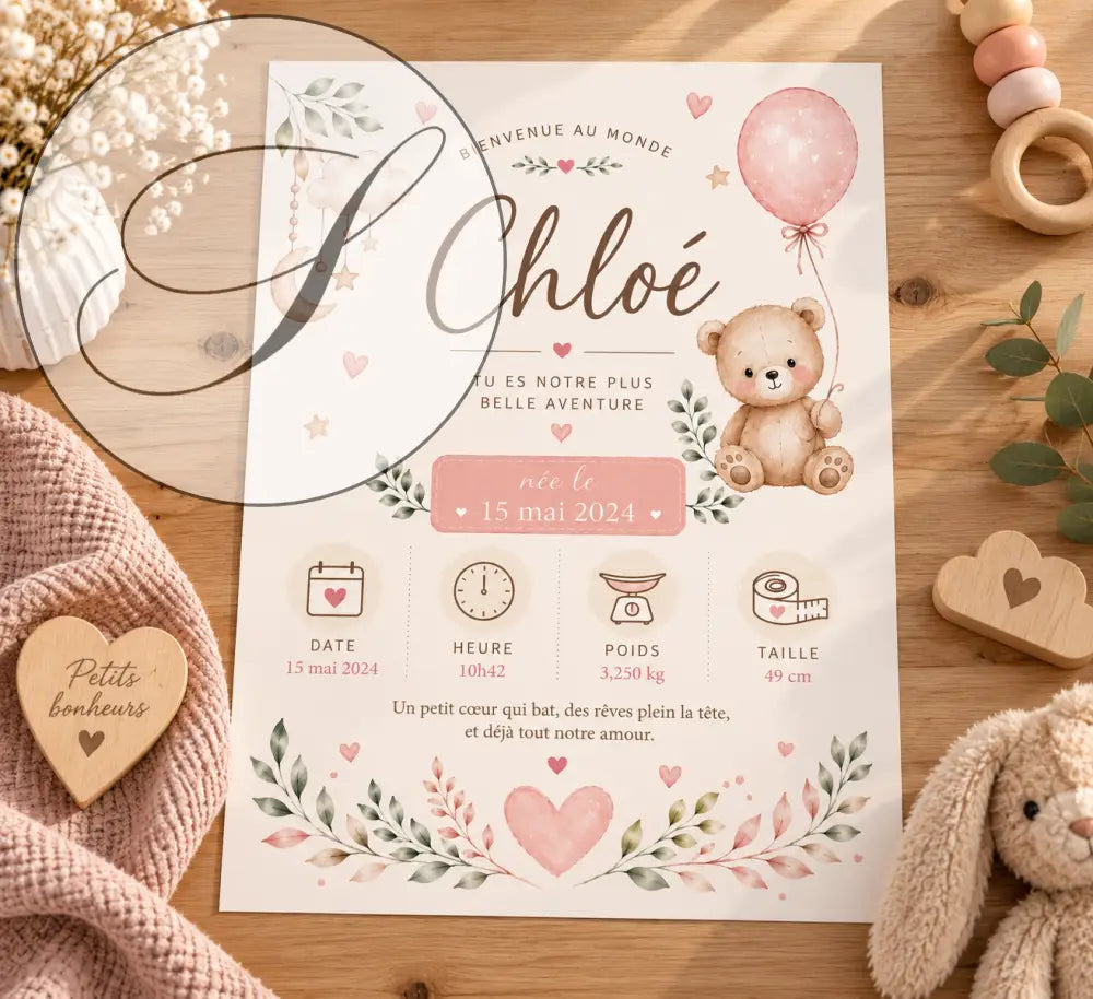 Carte de naissance personnalisée style aquarelle beige avec ours en peluche ballon rose et bordure florale fichier numérique