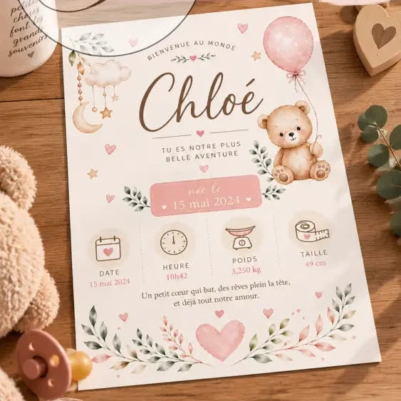 Affiche de naissance personnalisée douce rose et blanche avec ourson et statistiques bébé fichier numérique naissance personnalisé