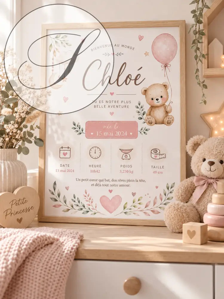Poster naissance personnalisée encadré avec design aquarelle doux, ours en peluche, ballon rose sur papier crème