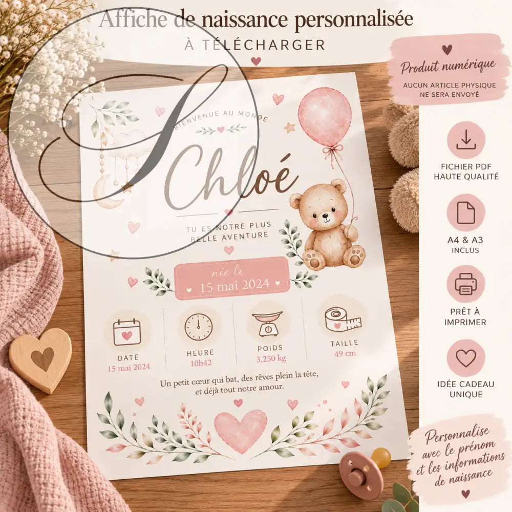 Affiche naissance personnalisée ff en aquarelle rose et beige avec un ours en peluche et détails bébé chloé fichier numérique