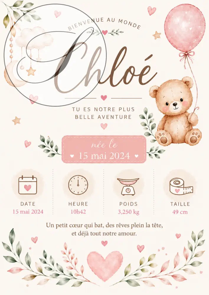 Teddy bear beige doux avec joues roses et ballon rose pour naissance personnalisée fichier numérique ff