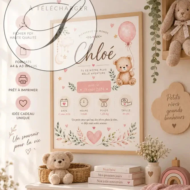 Poster de naissance personnalisée ff en rose pâle et crème avec ours en peluche, ballons et statistiques bébé en script élégant fichier numérique