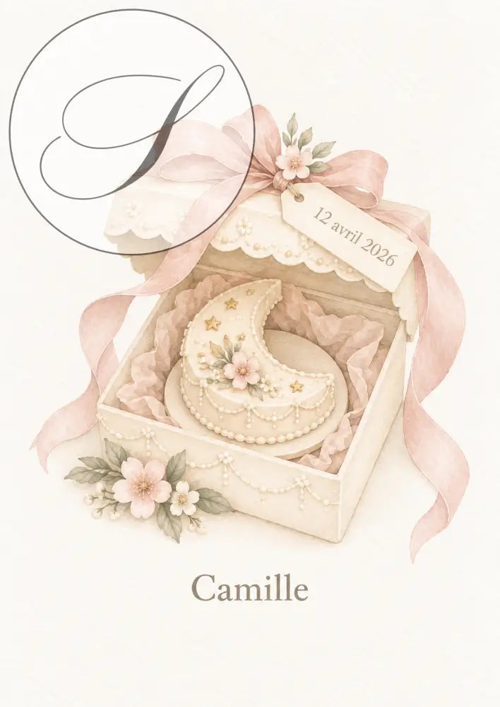 Cadeau naissance personnalisé : affiche boîte cadeau avec biscuit lune, étiquette date de naissance et prénom de bébé