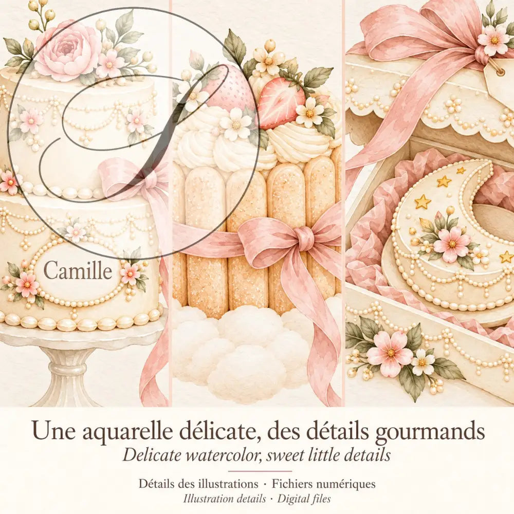 Cadeau naissance fille : une aquarelle délicate, détails gourmands des affiches gâteaux rose poudré