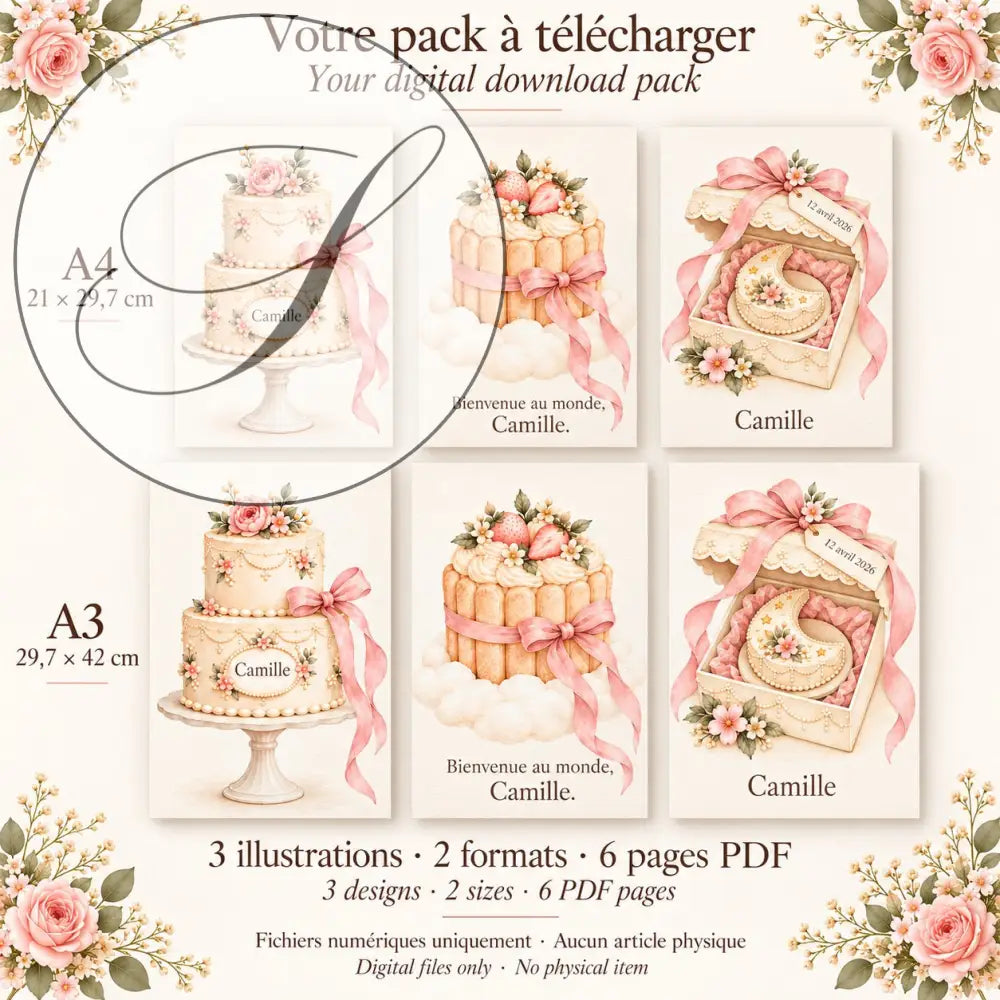 Cadeau naissance : contenu du pack, 3 affiches gâteaux de rêve en A4 et A3, 6 pages PDF à télécharger
