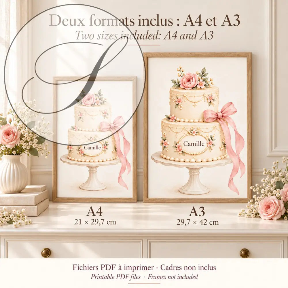 Cadeau naissance à imprimer : affiches gâteau au prénom en formats A4 21 x 29,7 cm et A3 29,7 x 42 cm
