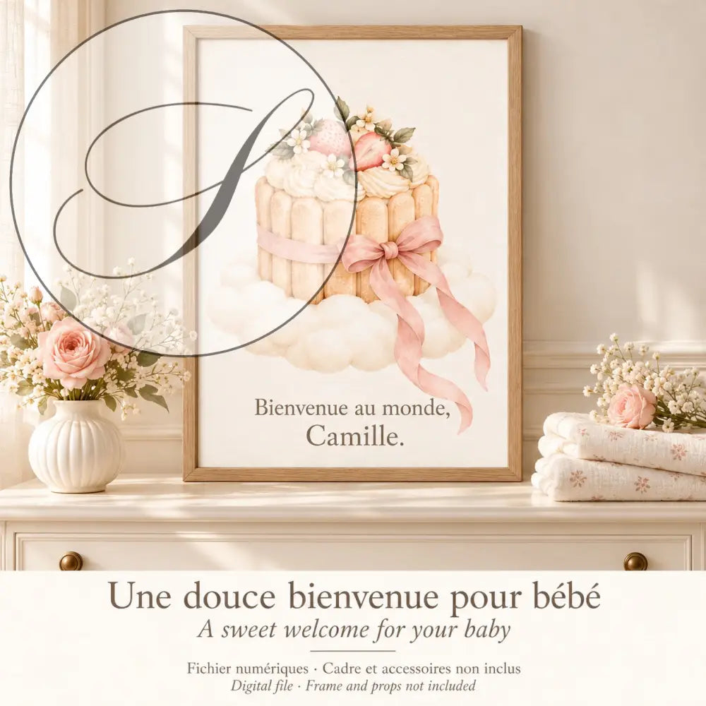 Cadeau naissance : une douce bienvenue pour bébé, affiche gâteau sur un nuage encadrée