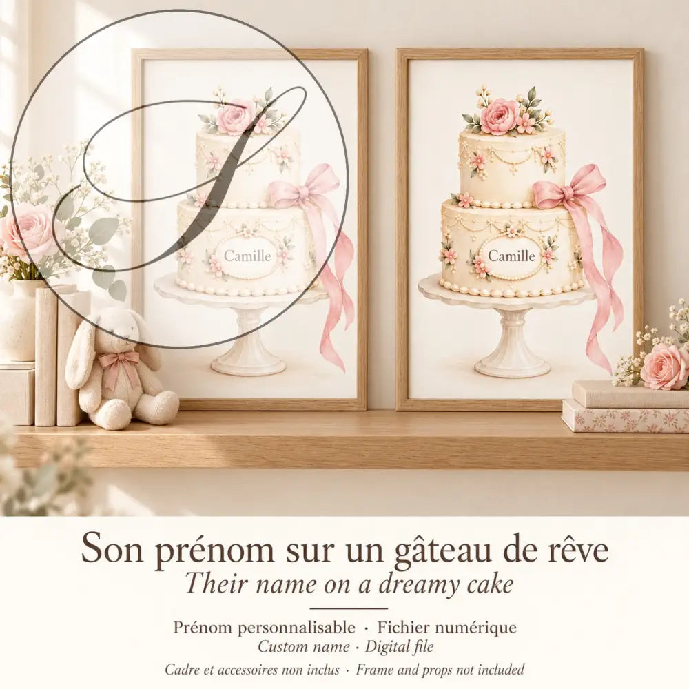 Cadeau naissance : son prénom sur un gâteau de rêve, deux affiches encadrées dans une chambre de bébé
