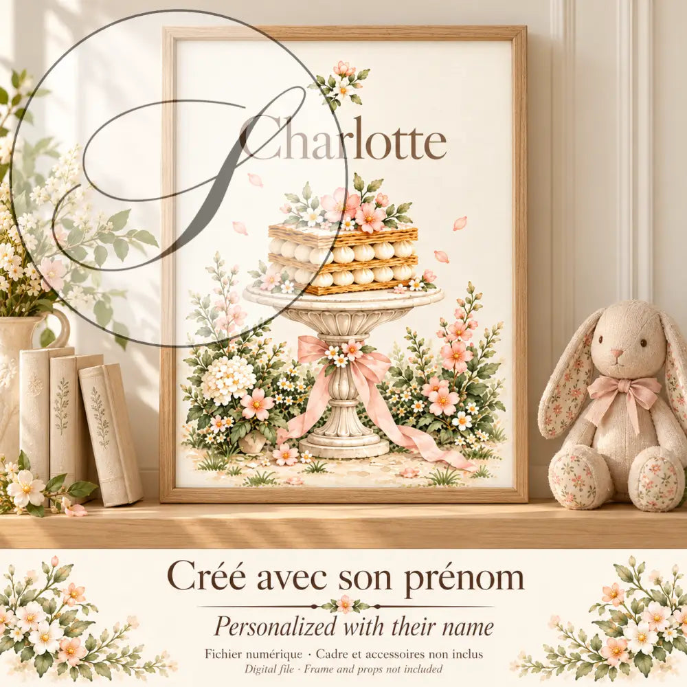Cadeau naissance personnalisé : affiche créée avec le prénom de bébé, encadrée près d'une peluche lapin