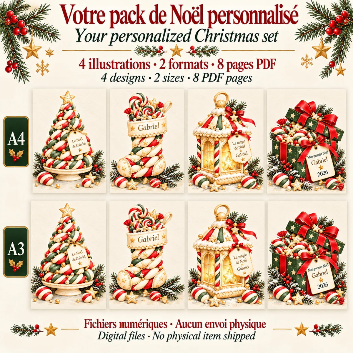 Pack de 4 affiches de Noël personnalisées en A4 et A3, 8 pages PDF à imprimer