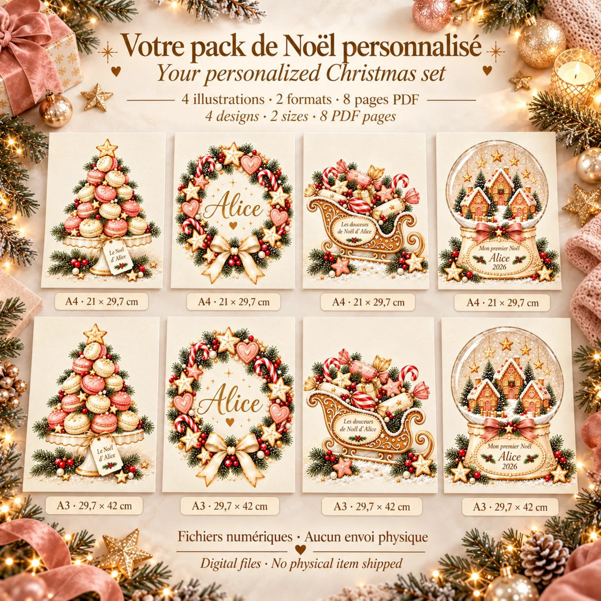 Pack de 4 affiches de Noël personnalisées roses en A4 et A3, 8 pages PDF à imprimer