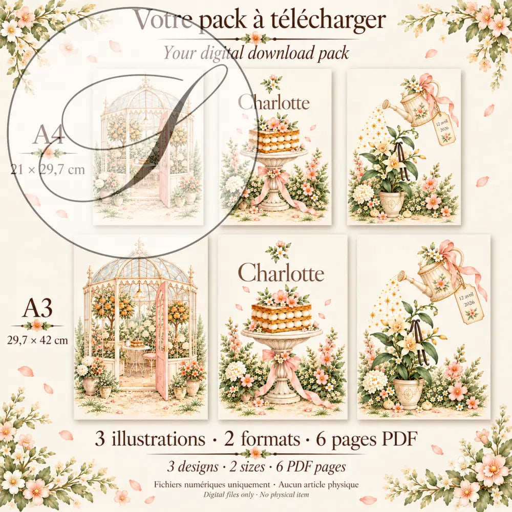 Cadeau naissance : contenu du pack, 3 affiches jardin enchanté en A4 et A3, 6 pages PDF