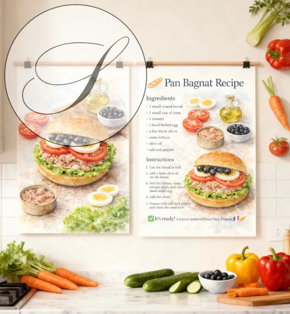 Décoration murale cuisine avec affiche recette Pan Bagnat aquarelle