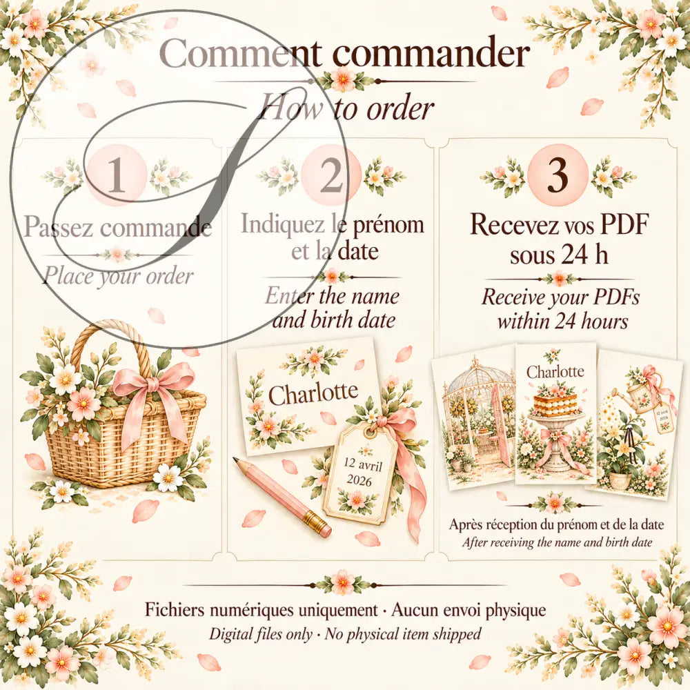 Cadeau naissance personnalisé, comment commander : prénom et date de naissance, fichiers PDF reçus sous 24 h