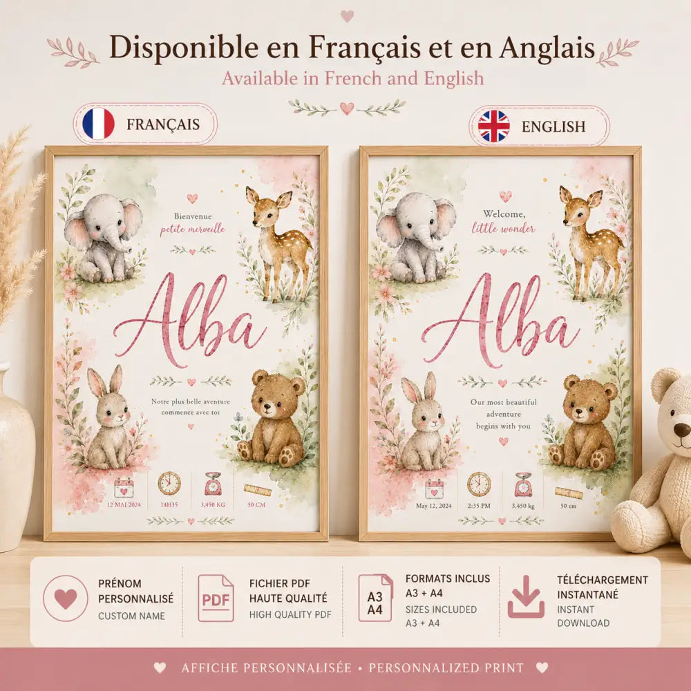 Affiche naissance personnalisée sans titre 30déc avec animaux de la forêt aquarelle rose et beige pour bébé