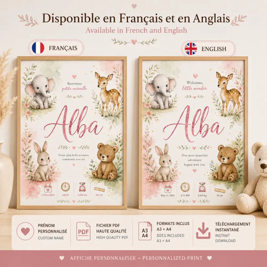 Affiche naissance personnalisée sans titre 30déc avec animaux de la forêt aquarelle rose et beige pour bébé
