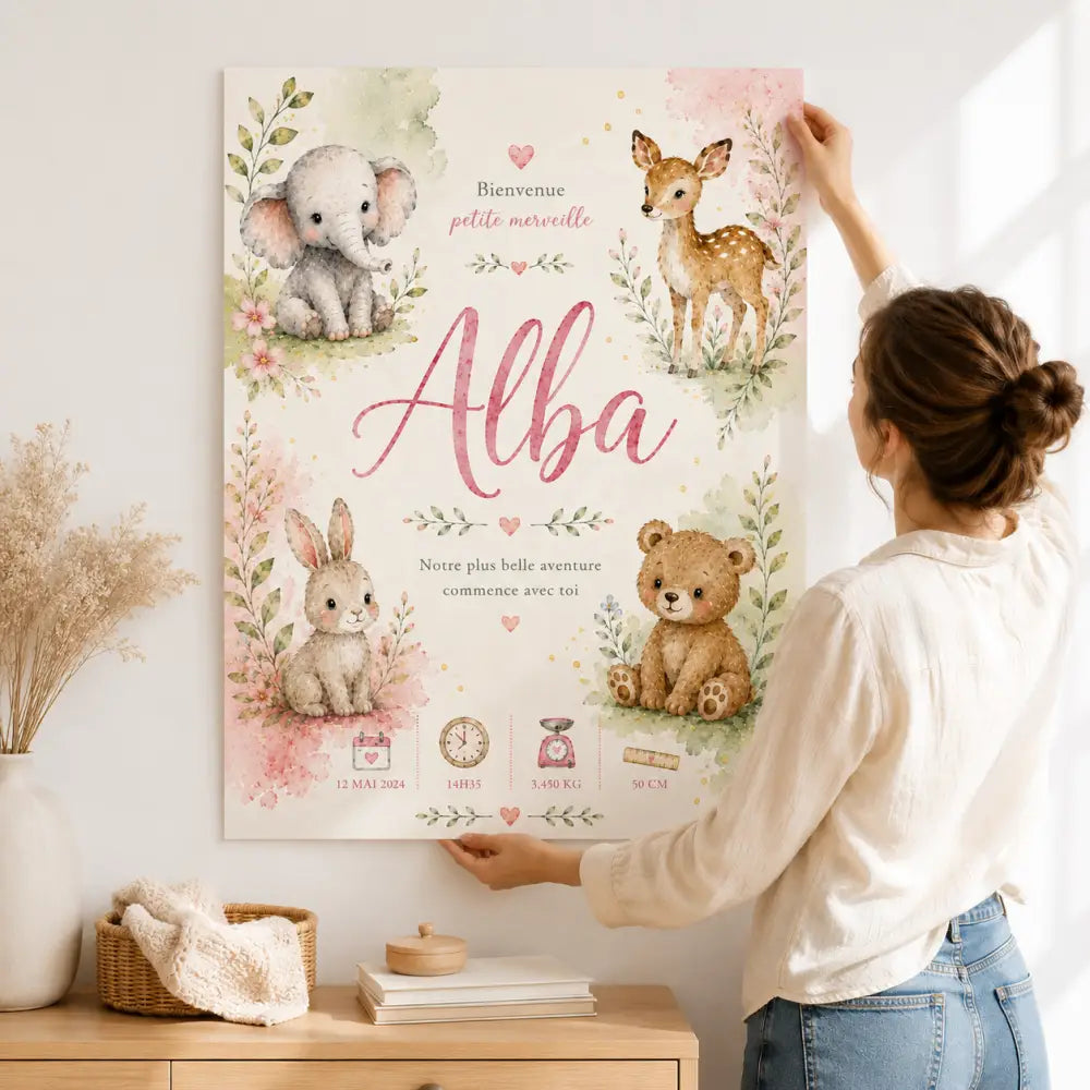 Affiche de bienvenue pour bébé style aquarelle avec éléphant gris cerf marron lapin blanc ours beige fleurs roses feuilles vertes