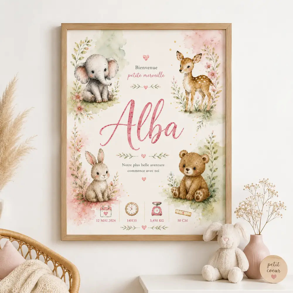 Affiche naissance aquarelle encadrée pour bébé alba avec illustrations éléphant cerf lapin ours et fleurs rose et vert
