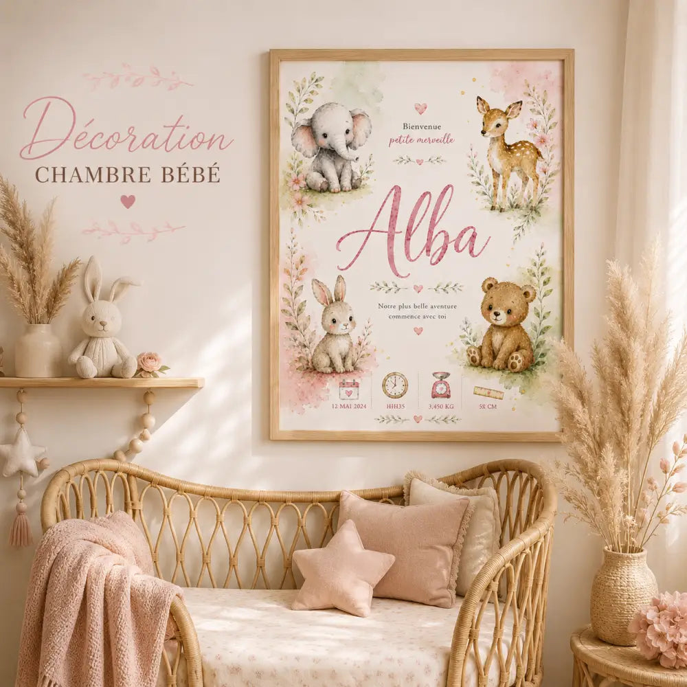 Affiche naissance encadrée aquarelle sans titre 30déc featuring éléphant bébé cerf lapin et ours avec motifs floraux