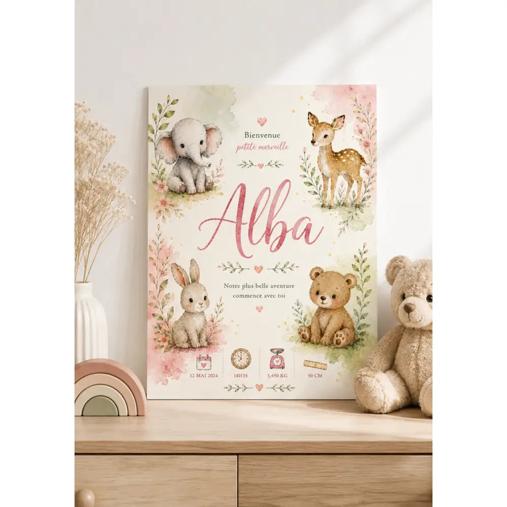 Affiche naissance bébé douce aux tons pastel avec animaux illustrés en rose beige et vert sans titre 30déc._10:ffffg49