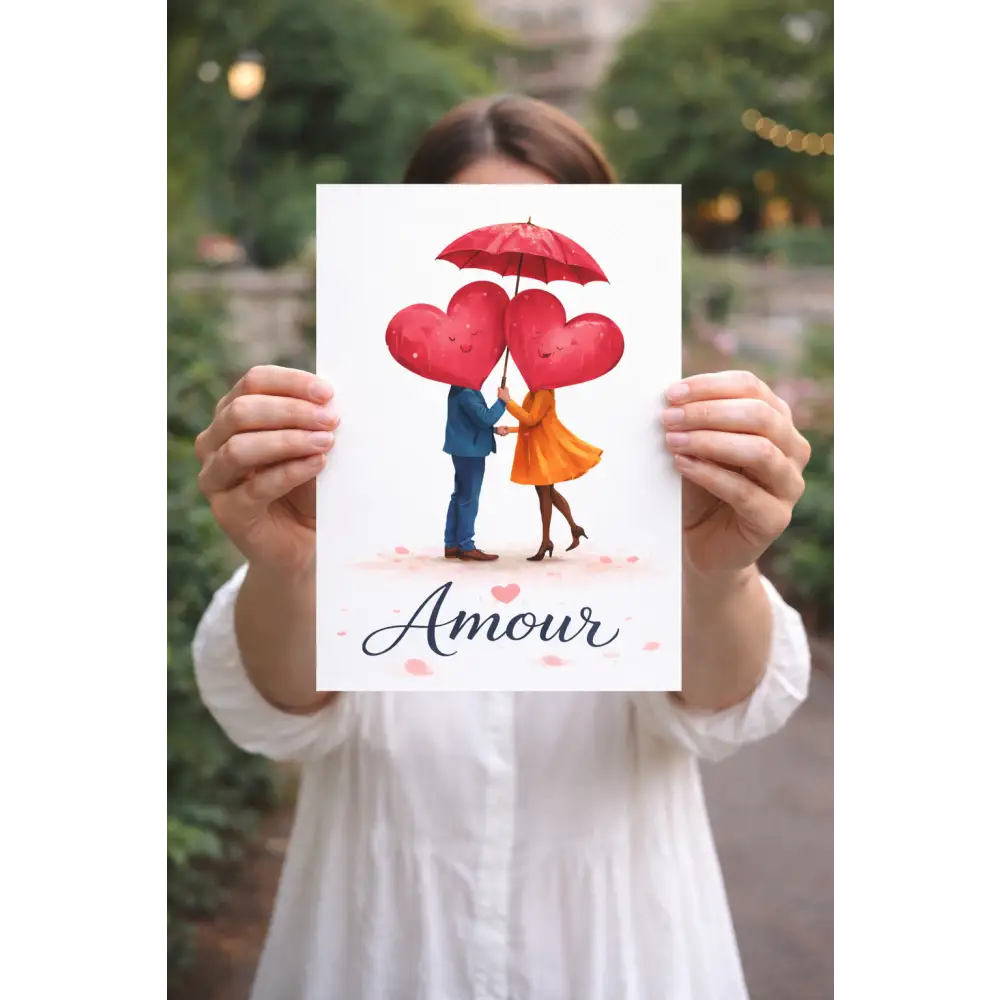 Poster amour avec deux coeurs sous un parapluie – cadeau Saint Valentin à imprimer