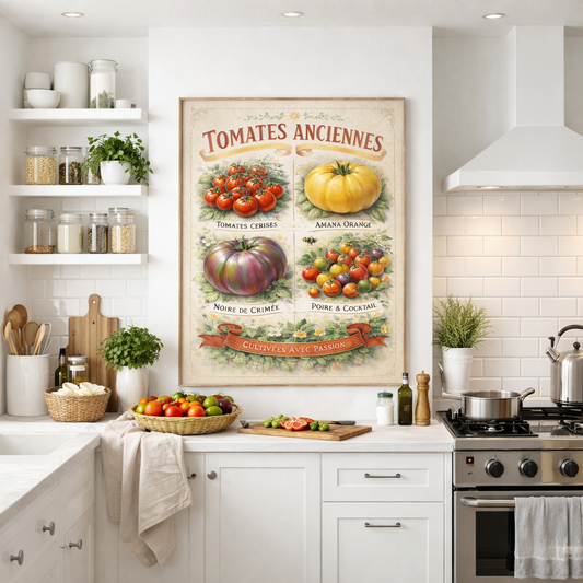 Poster botanique tomates anciennes style retro pour cuisine chaleureuse