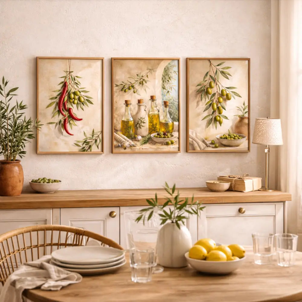 Trois affiches cuisine vintage encadrées sur thème olive décorent un mur au-dessus d’un comptoir en bois