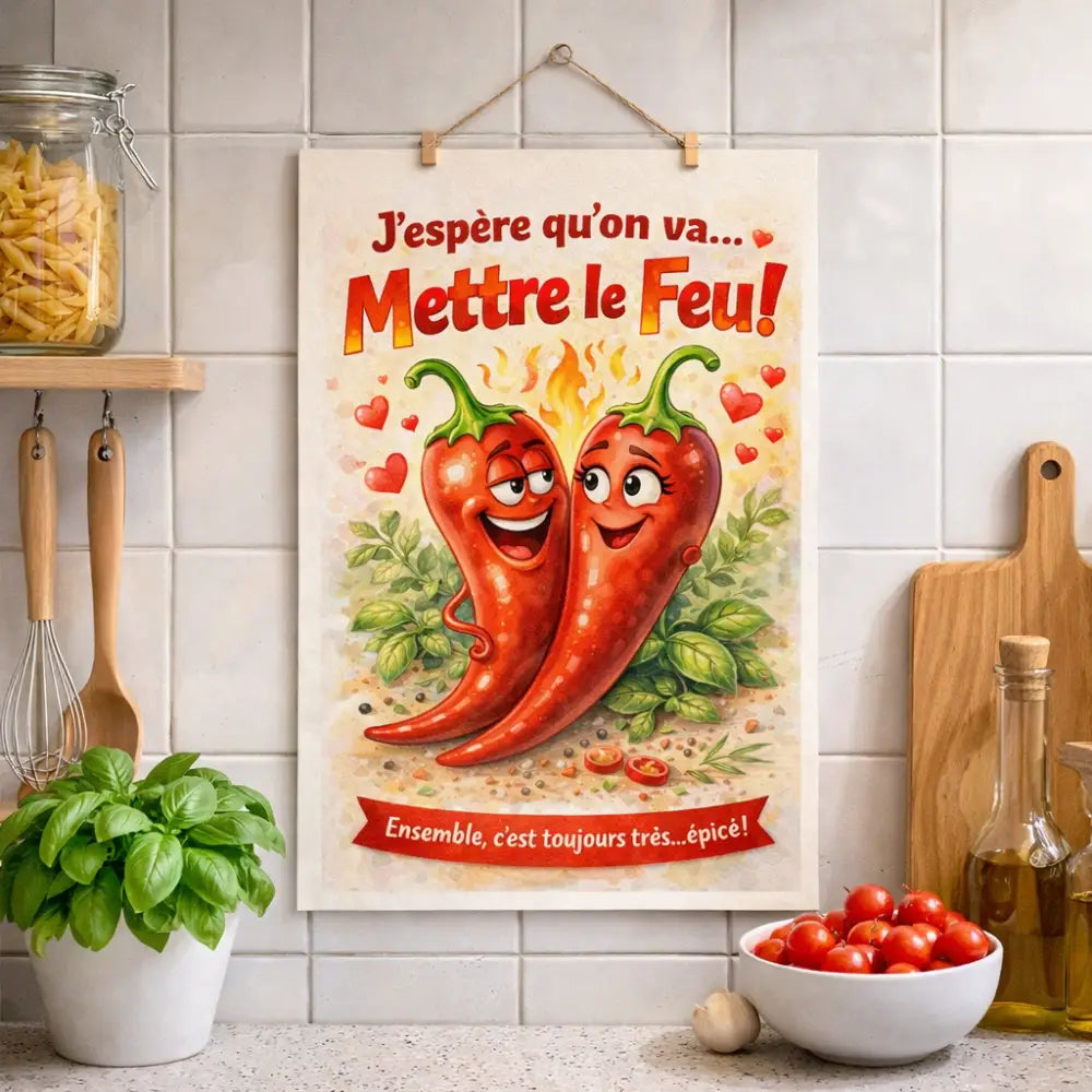 Affiche cuisine déco murale avec piments amoureux, idée cadeau Saint Valentin 