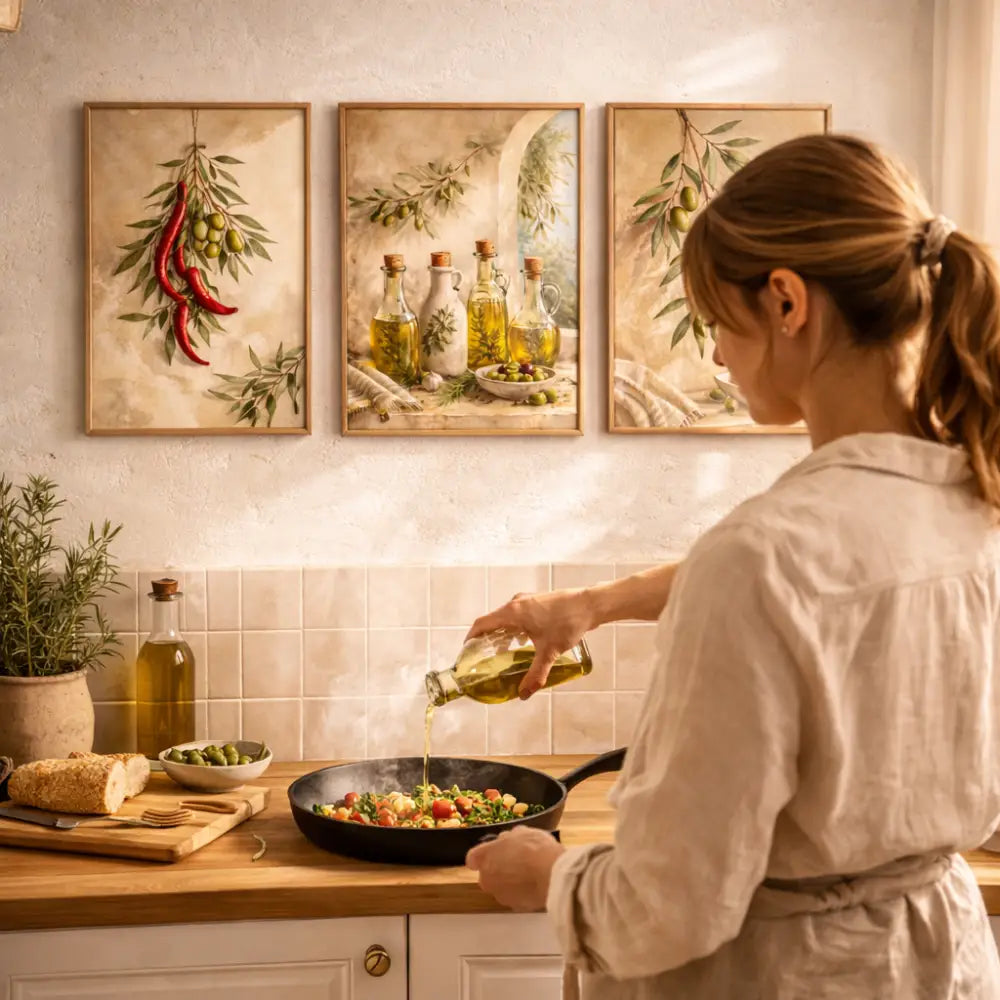 Femme en tablier beige verse de lhuile dolive dans une poêle noire affiche cuisine vintage lot 3 posters cuisine