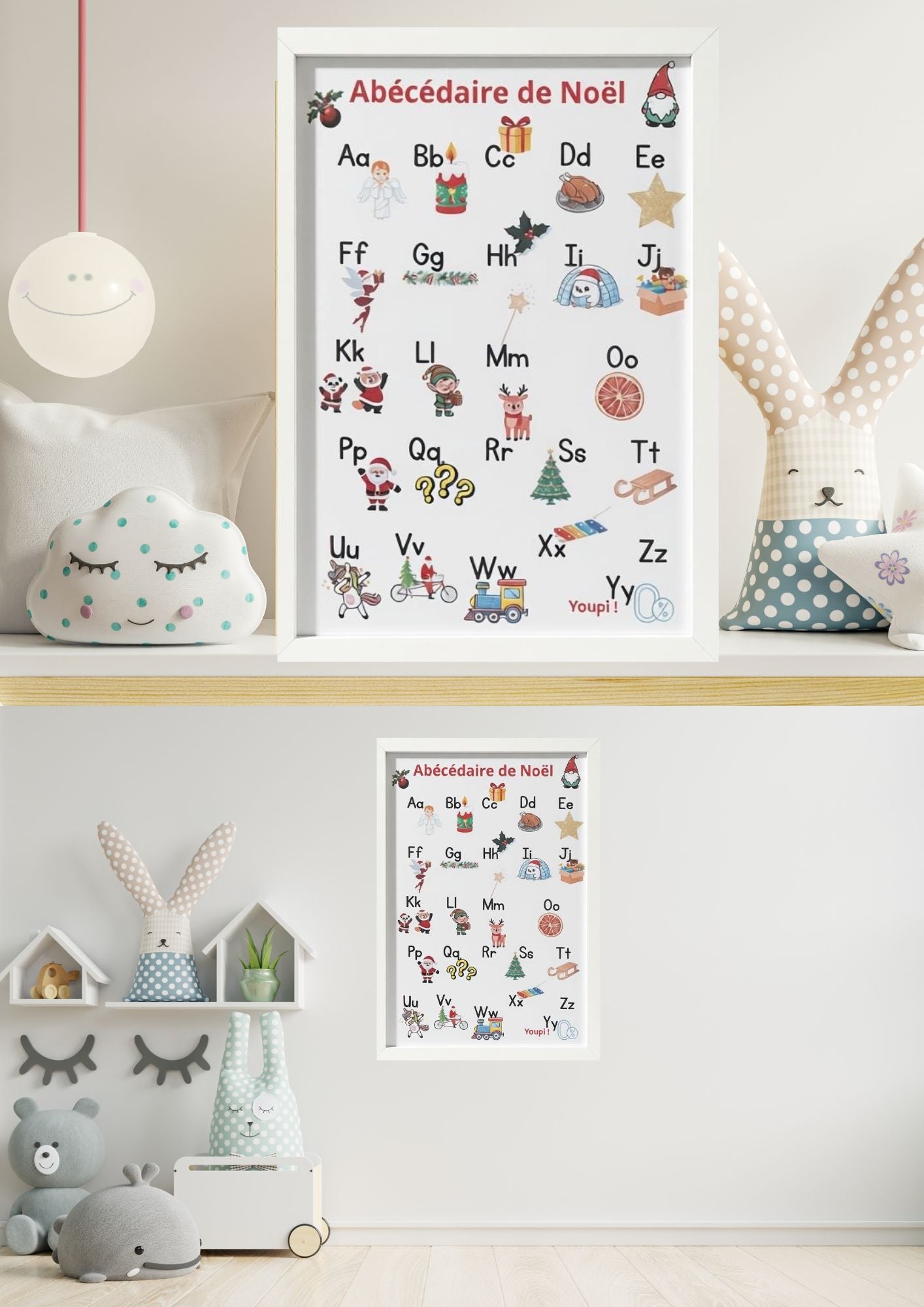 Poster éducatif représentant l’alphabet avec illustrations inspirées de Noël