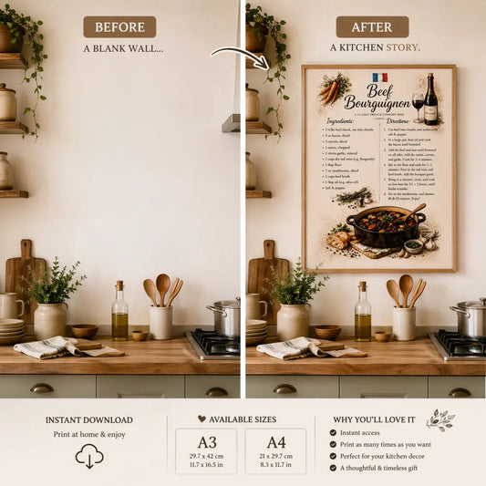 Affiche cuisine bœuf bourguignon avec illustrations rustiques pour décoration murale cuisine française en cadre