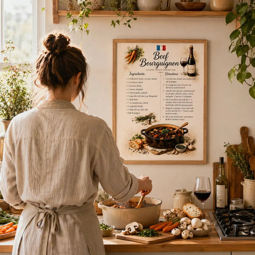 Affiche cuisine française bœuf bourguignon avec recette classique illustrée pour décoration murale cuisine