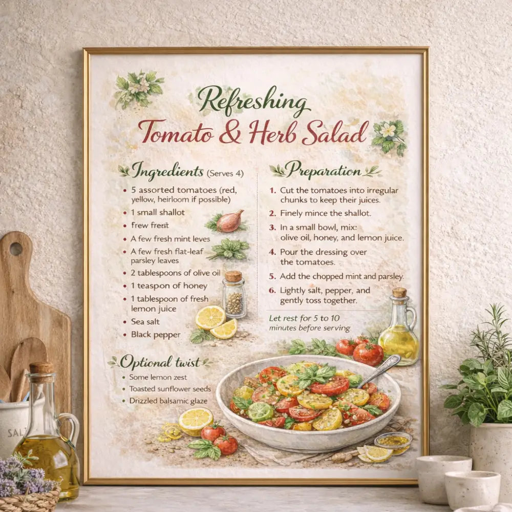 Poster décoratif cuisine recette salade tomates fraîches