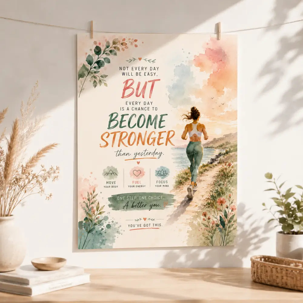 Poster motivation aquarelle avec femme courant sur chemin scenic aux tons pastel pour inspiration produit f