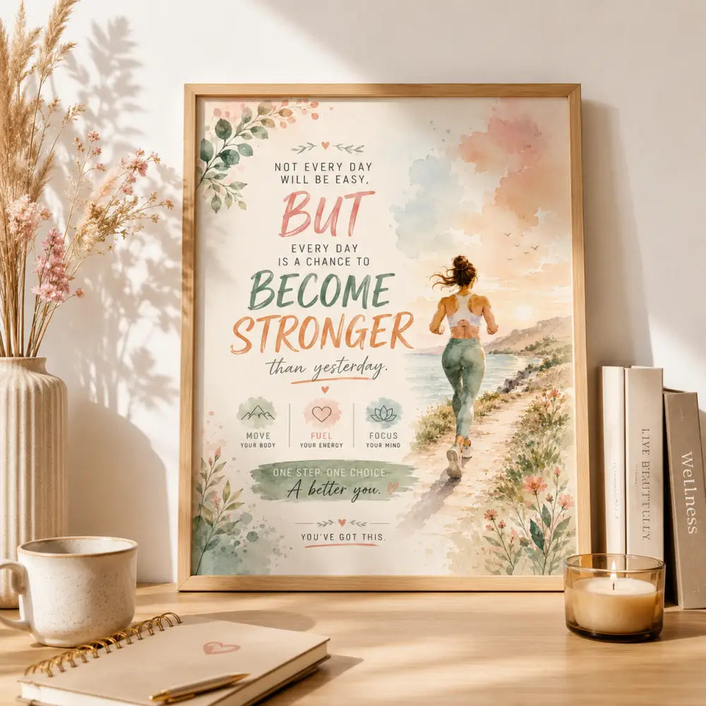 Affiche motivante encadrée avec illustration aquarelle femme courant chemin couleurs pastel texte inspirant produit f