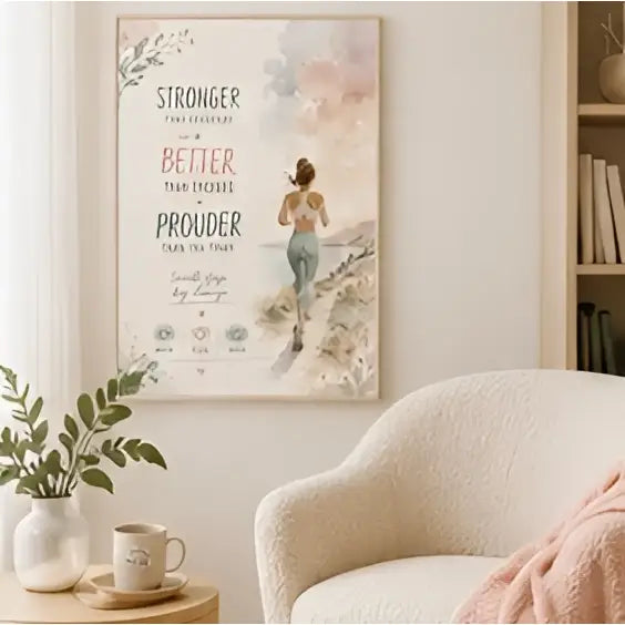 Affiche encadrée F avec illustration aquarelle d’une femme courant et textes motivants en script élégant