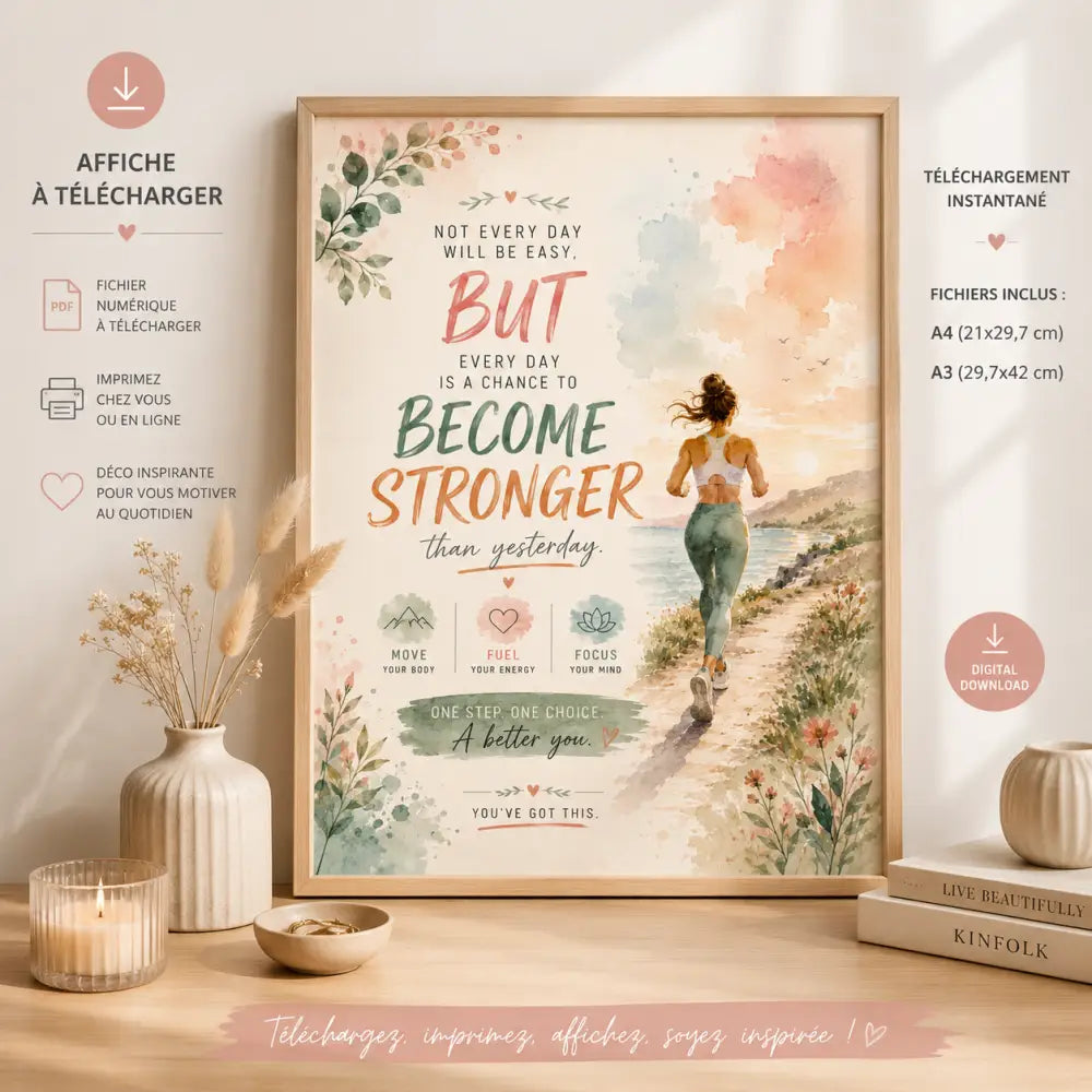 Affiche motivante encadrée avec illustration aquarelle d’une femme courant et texte inspirant pour product f