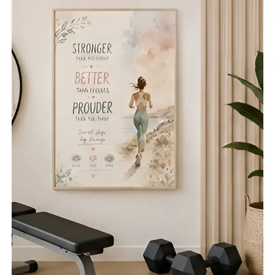 A framed motivational poster featuring a running woman illustration with soft watercolor backgrounds and elegant script text