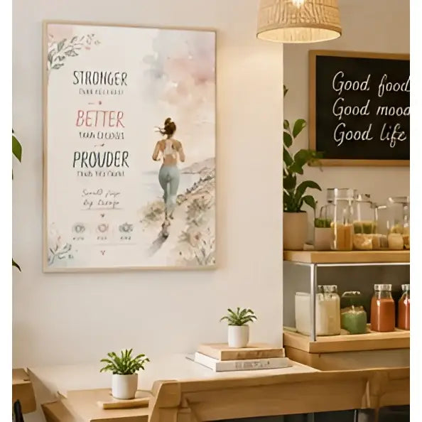 Affiche motivante encadrée avec femme en randonnée et texte plus forte meilleure plus courageuse avec éléments floraux décoratifs