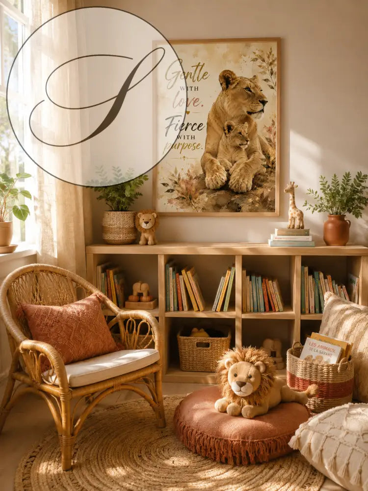 Un poster encadré avec une lionne et son lionceau et le texte gentle with love dans sans titre 16juin_16:27:25